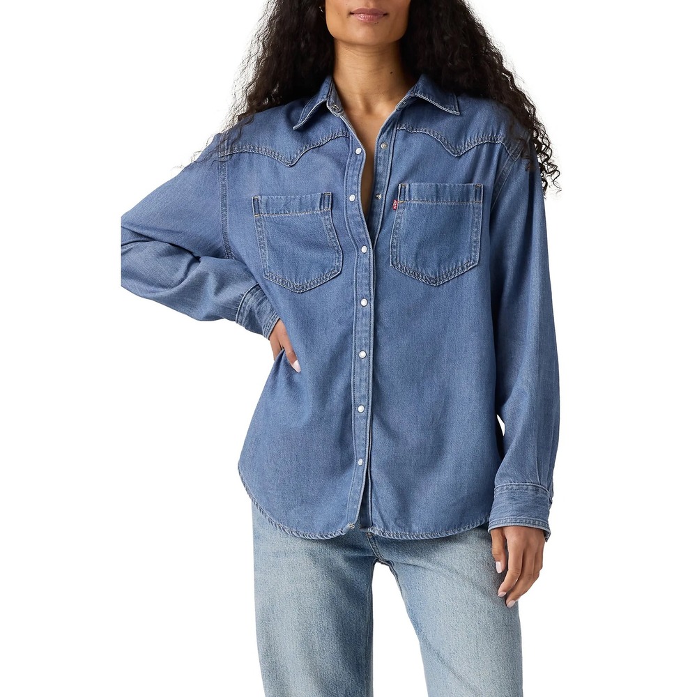 Levi's Teodora Western Snap-Up Shirt M Blue Relaxed Fit Pearl Snap Cowgirl